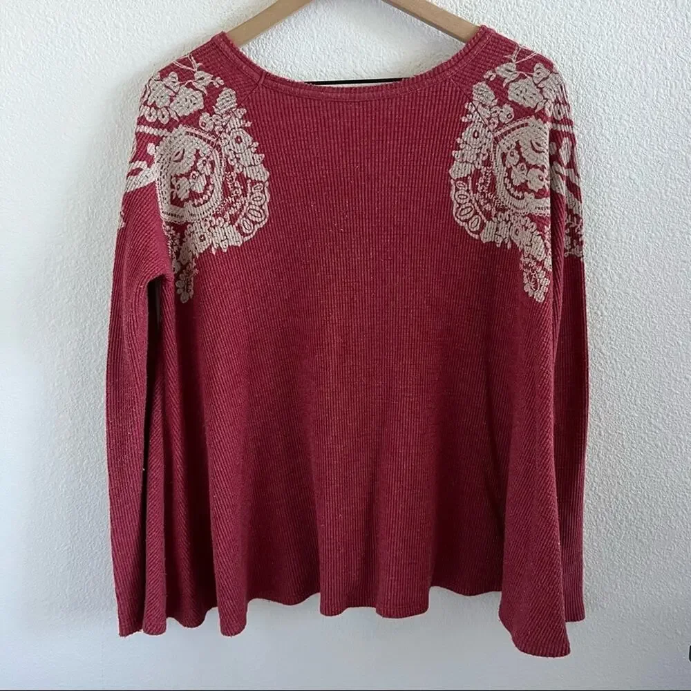 We the Free Free People Thermal Red Cream Long Sleeve Boho Small - Picture 5 of 9